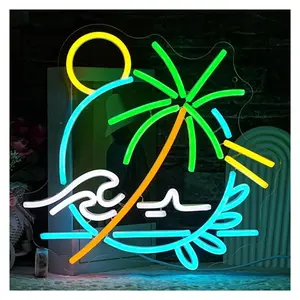 Sign Illuminated Beautiful Sea View Neon Sign Palm Tree Neon Light Beach Scenery Neon Light Wall Decor Signs USB Powered Dimmable Lamp 33cm×35cm