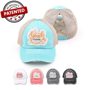 Distressed Embroidered Beach Please Patch Summer Pony Cap for Women graphic hat Fit