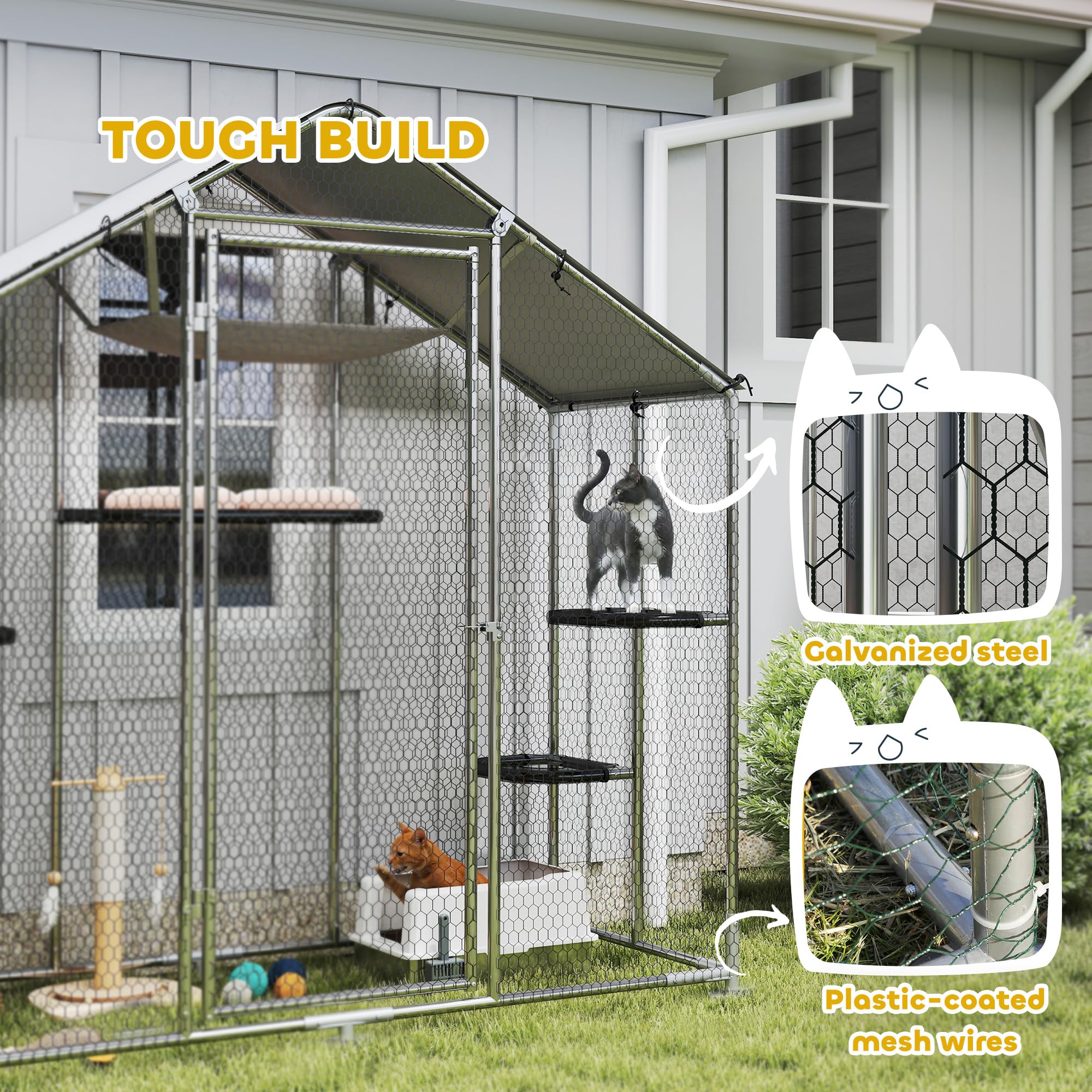 Large Catio Outdoor Cat Enclosure, Galvanized Steel Walk-in Cat Patio for Multiple Kittens, Outdoor Kitty Cage with Waterproof Cover, 5 Adjustable Platforms, Hammock, Chicken Coop Pointed Roof Large Catio Outdoor Cat Enclosure, Galvanized Steel Walk-in Cat Patio for Multiple Kittens, Outdoor Kitty Cage with Waterproof Cover, 5 Adjustable Platforms, Hammock, Chicken Coop Pointed Roof