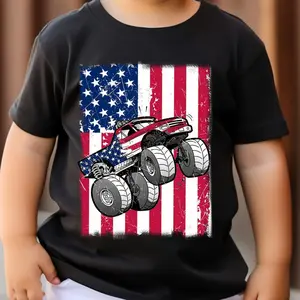 Boys' Patriotic Monster Truck T-Shirt - Soft Cotton, Round Neck, Short Sleeve - American Flag Design for Independence Day, Kids Casual Wear|Patriotic Design|Durable Print Quality