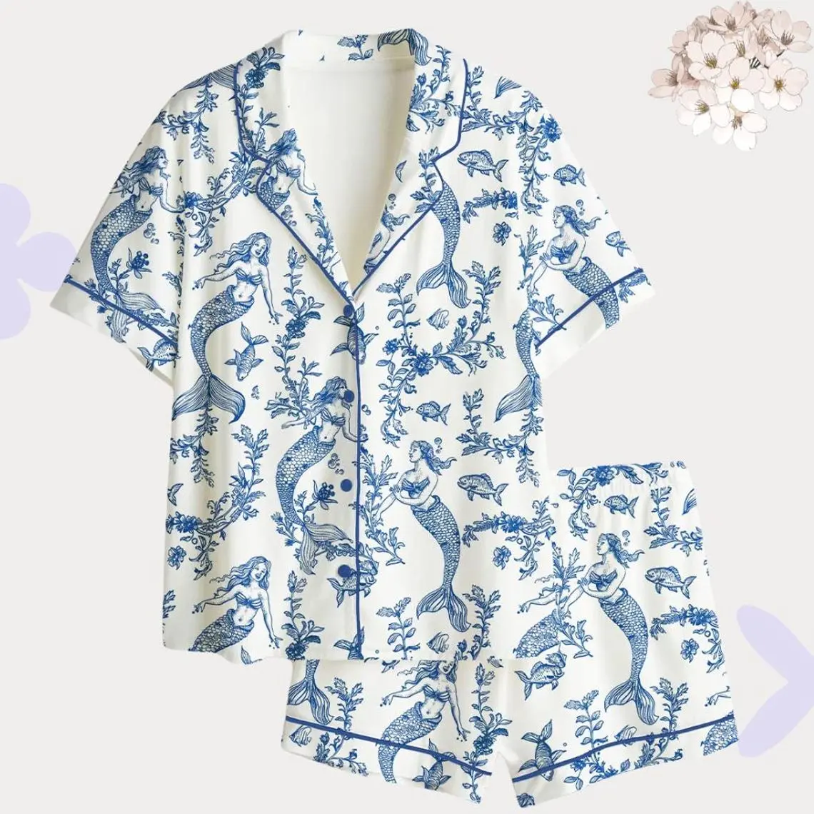 Mermaid Satin Pajama Set – Blue Toile de Jouy Sleepwear, Short Sleeve Button Up Lounge Set, Unique Birthday Gift for Her