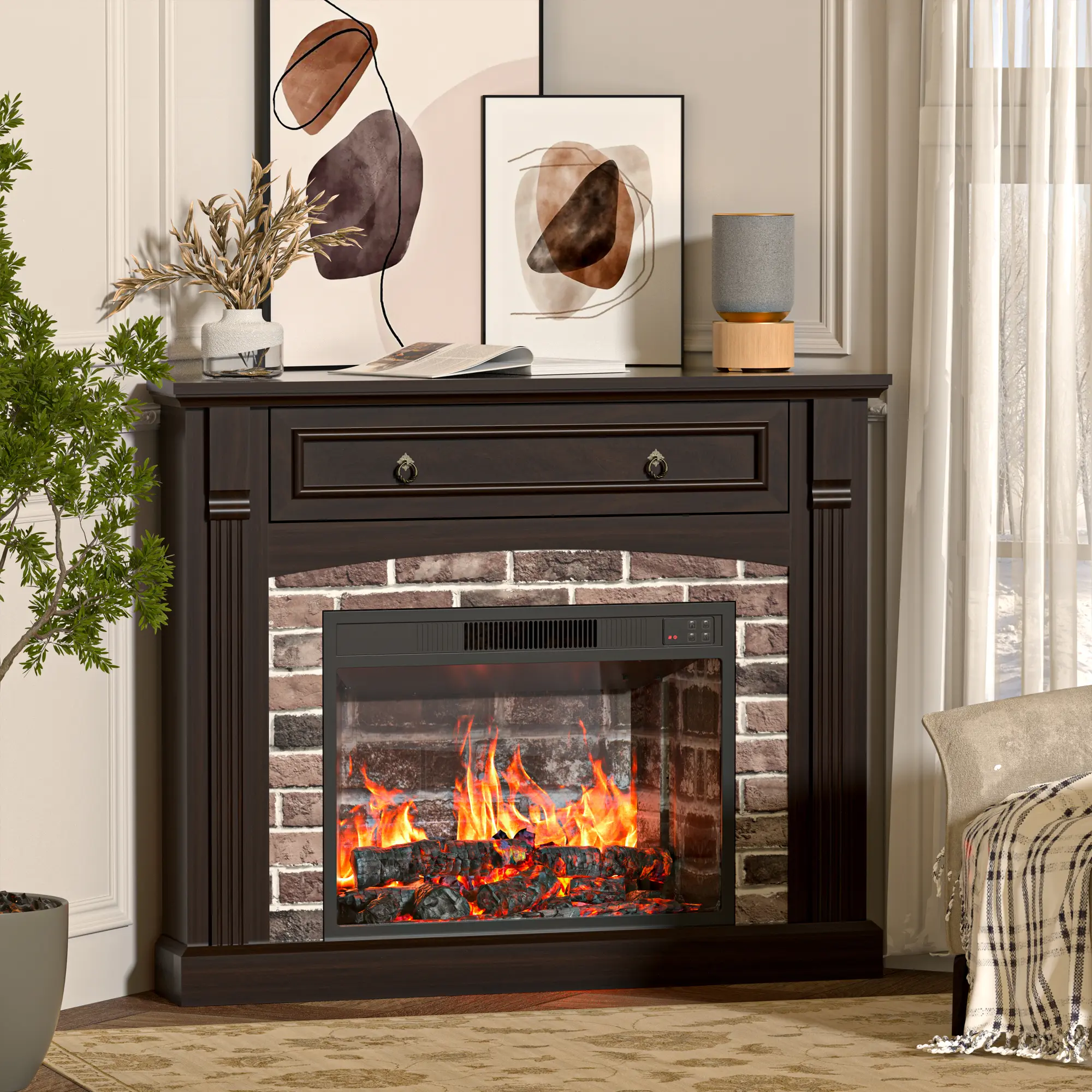 【2 Packages Shipping】Spurgehom Modern Electric Fireplace in a Classic Wood Mantel: 4Corner TV Stand with Remote Control, Adjustable Realistic Flames, and an Efficient Heating System for Your Living Room, Stable, 1500 To 1999 W homeessentials