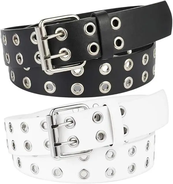 2-Pack Double Grommet PU Leather Punk Belt – 2-Hole Studded Belt for Women and Men – Adjustable Medium Size Fashion Belt for Jeans, Pants & Dresses – Edgy Silver-Tone Hardware Belt for Punk Rock & Streetwear Style