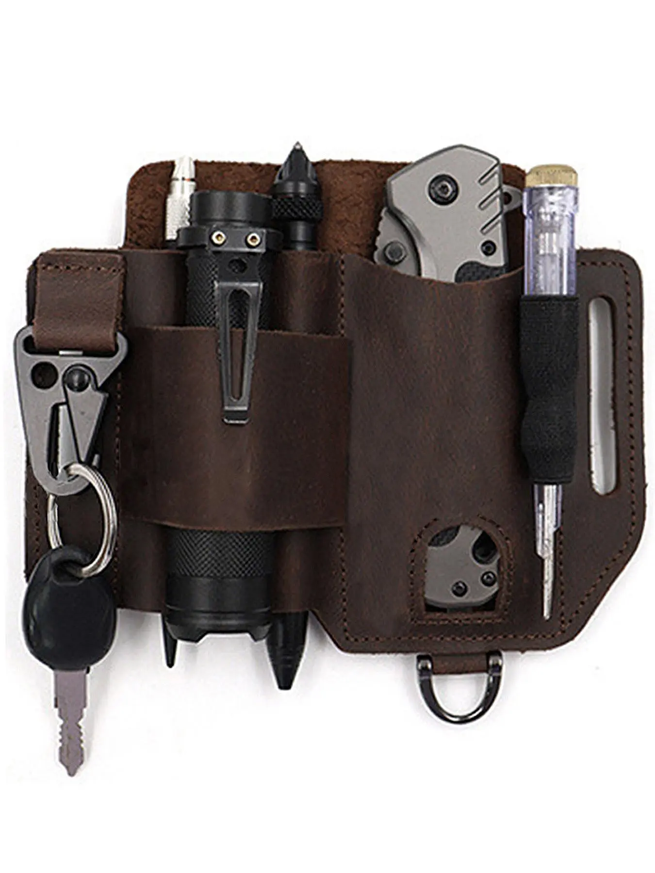 Compact Knife & Flashlight Leather Case, Premium Cowhide Belt Bag, Portable Tool Bag, Toolbag, Tools Bag, Tool Pouch, Multi-Functional Tool Holder, Tool Storage, Convenient Tool Pockets, Perfect Men's Gift, All Seasons Use