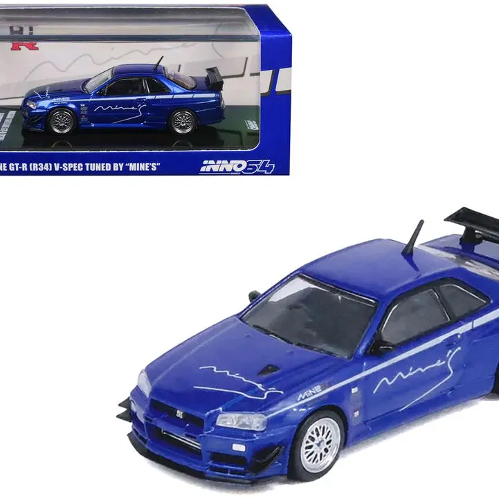 Inno Models Nissan Skyline GT-R R34 V-SPEC Blue Metallic 1/64 Diecast Model Car with Right Hand Drive, "Tuned by Mine's" Design car collectible