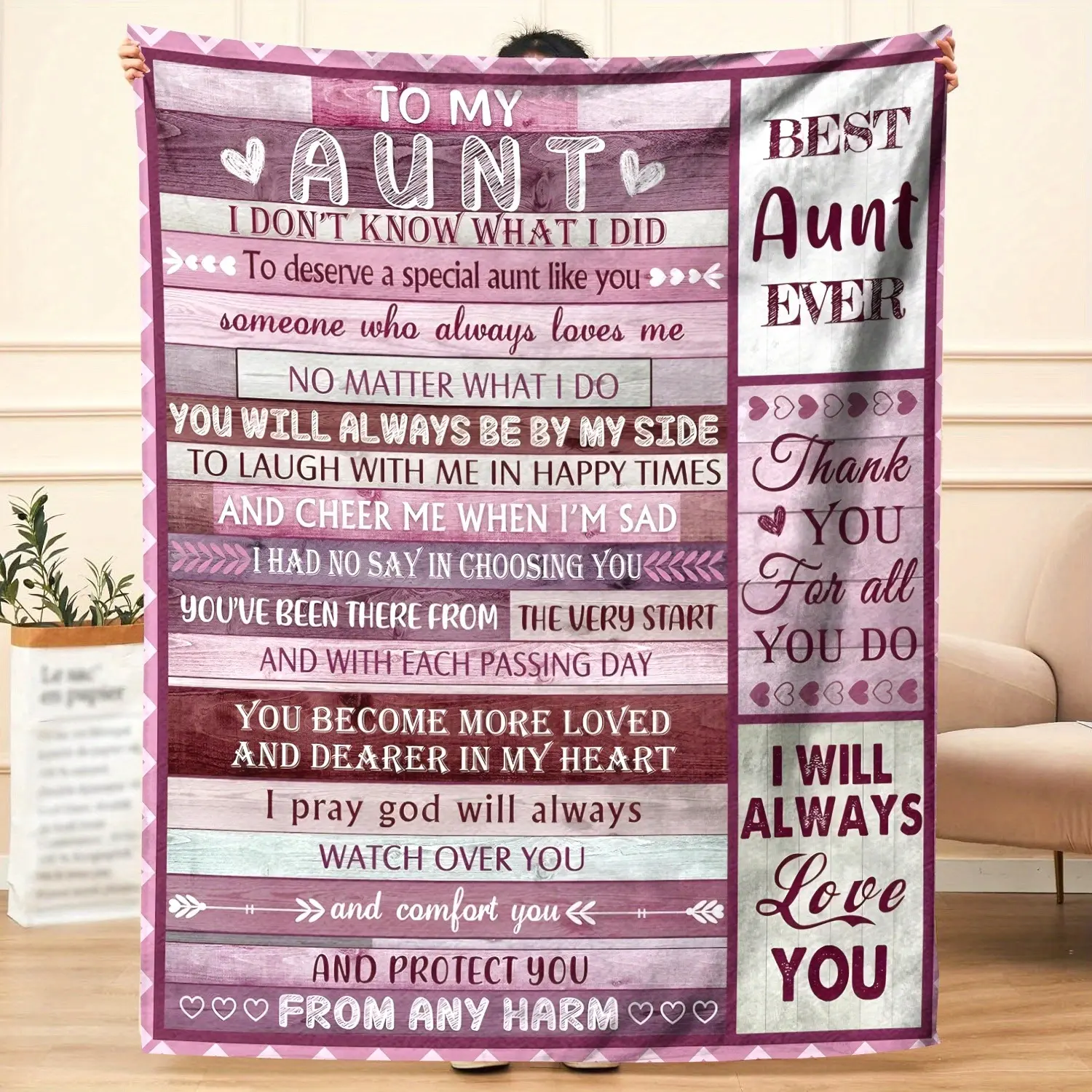 Best Aunt Ever Gift for Aunt Soft Cozy Flannel Blanket - Purple Wood Grain Sentimental Love Letter Print Plush Throw, Warm Fuzzy Bedroom Sofa Blanket, Perfect Mother's Day Birthday Christmas Gift for Aunt from Niece Nephew Women Home Decor