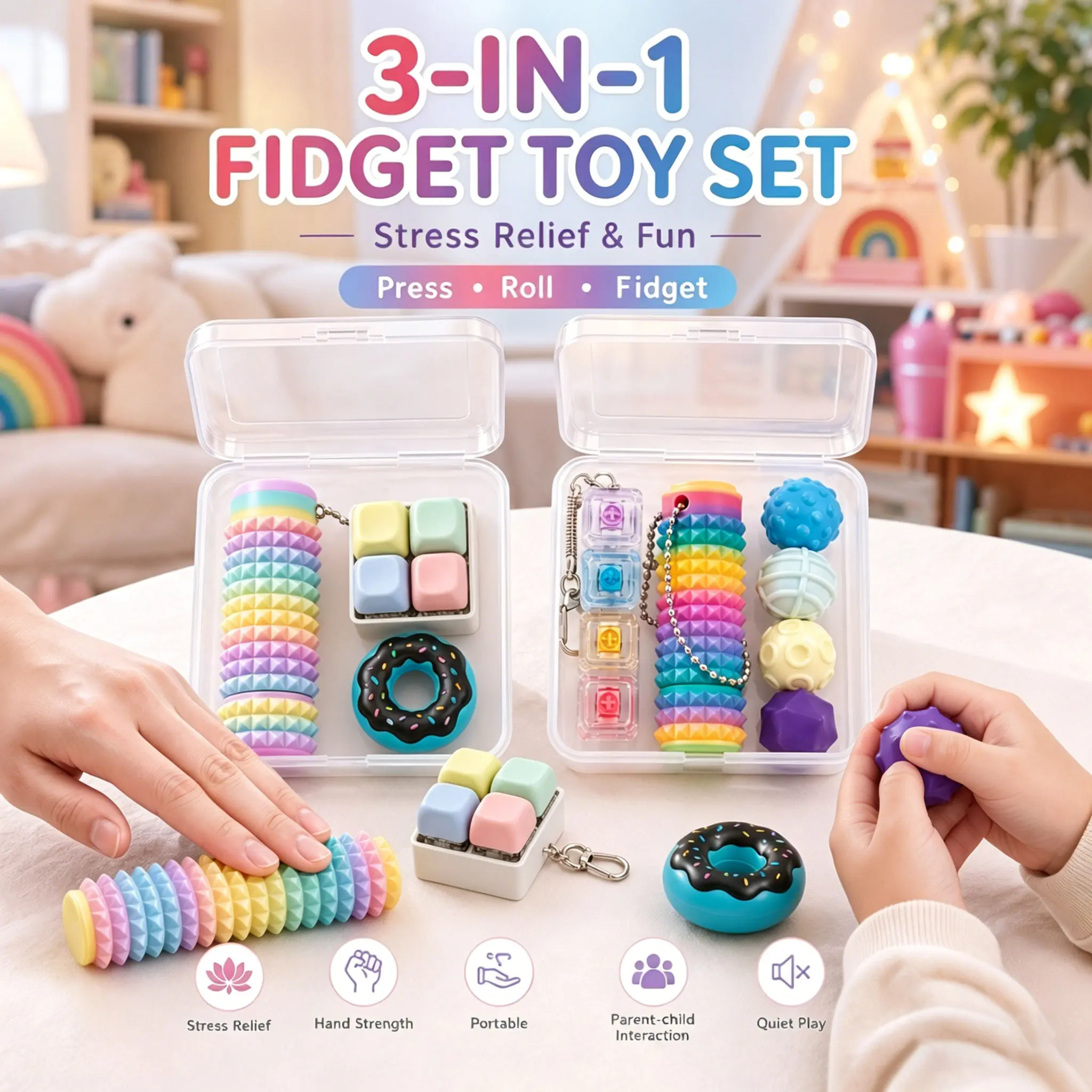 Free Shipping 3-in-1 Fidget Packs - Colorful Click Keyboard, Spiky Grippie Stim Keychain, Mini Stress Relief Gadgets, Soft Anxiety Fidgets, Back to School Haul Pocket Toy for Students, Easter Graduation Gift, Pocket Stress Relief