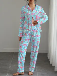 Women's Flamingo Print Pajama Set, Loungewear, Casual Fitted Long Sleeve Shirt & Elastic Pants, Soft Stretchy Fabric, Fall Winter Home Wear, Nightwear, Pjs