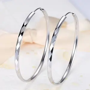 925 Sterling Silver Needle Large Hoop Earrings, Suitable for Round Faces, Enhances Elegance, Carved Rhombus Earrings, Thick Silver Plated for Color Retention, Women's Gift
