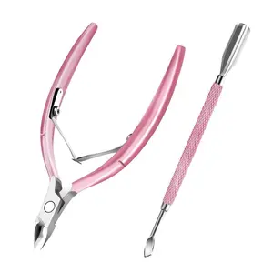 Cuticle Trimmer with Cuticle Pusher and Scissors, Cuticle Remover Professional Durable Pedicure Manicure Tools, Stainless Steel Cuticle Nipper Cutter Clipper (Pink Pusher)