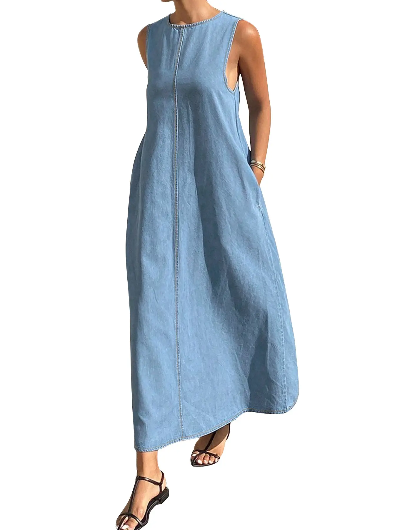 Women's Sleeveless Denim Aesthetic Back Tie Adjustable Long Dress,Maxi Dress with Pockets,  Loose Fit Casual Wear Summer Breathable