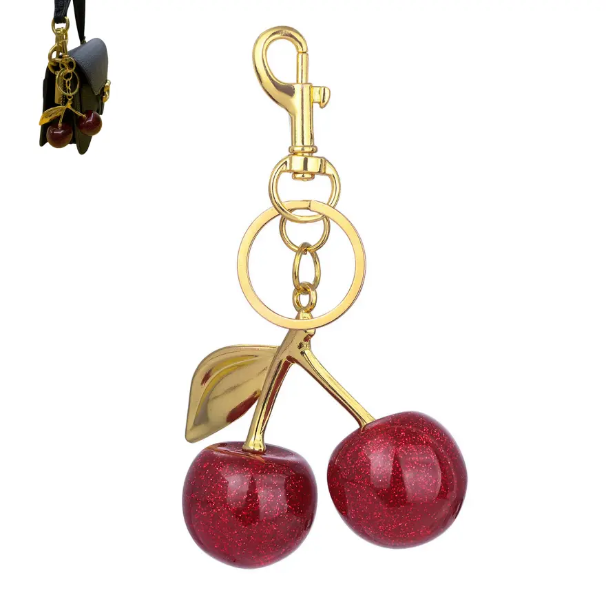 Sparkling Cherry Fruit Bag Charm - Cute Purse Accessory, Purse Charm for Handbags, Stylish Keychain with Free Luxury Wallet, Purse Charms For Handbags, Fruit Charm