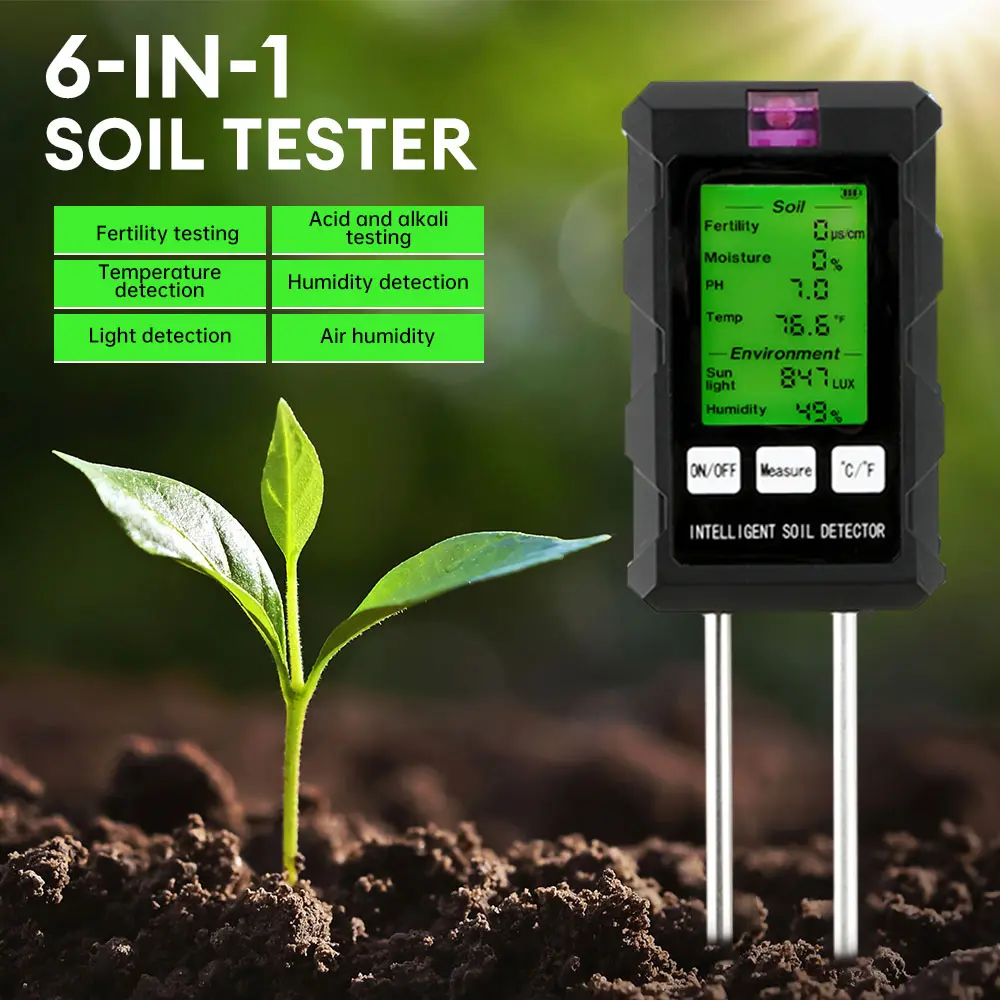 6-in-1 Digital Soil Testing Kit - 6-in-1 Soil Tester with Moisture, pH, Fertility, Temperature, Sunlight, Air Humidity Monitors, Backlit Display, Dual Temperature Units, Manual for DIY Gardeners (Battery Not Included) | Education Device