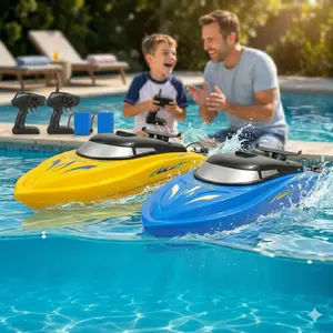 Garvee 2-Pack High-Speed Remote Control Boats, 10km/H, 2.4G Frequency, Includes 4 Rechargeable Batteries, Suitable for Pools and Lakes, Colors Blue and Yellow