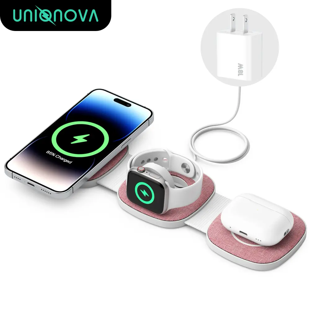 UNIQNOVA 3in1 Wireless Charging Station Foldable Magnetic Fast Charger 15W MagSafe for iPhone 17/16/15/14/13/12 Series AirPod 3/2/Pro iWatch Smartphone with Fabric Surface Texture and Manufacturer Warranty - Cellphone