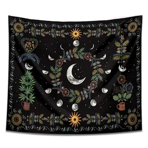 Moon Phase Tapestry Celestial Moon Backdrop Floral Theme Wall Hanging Photography Background Boho Decor for Living Room Bedroom Indoor Outdoor Home Decoration