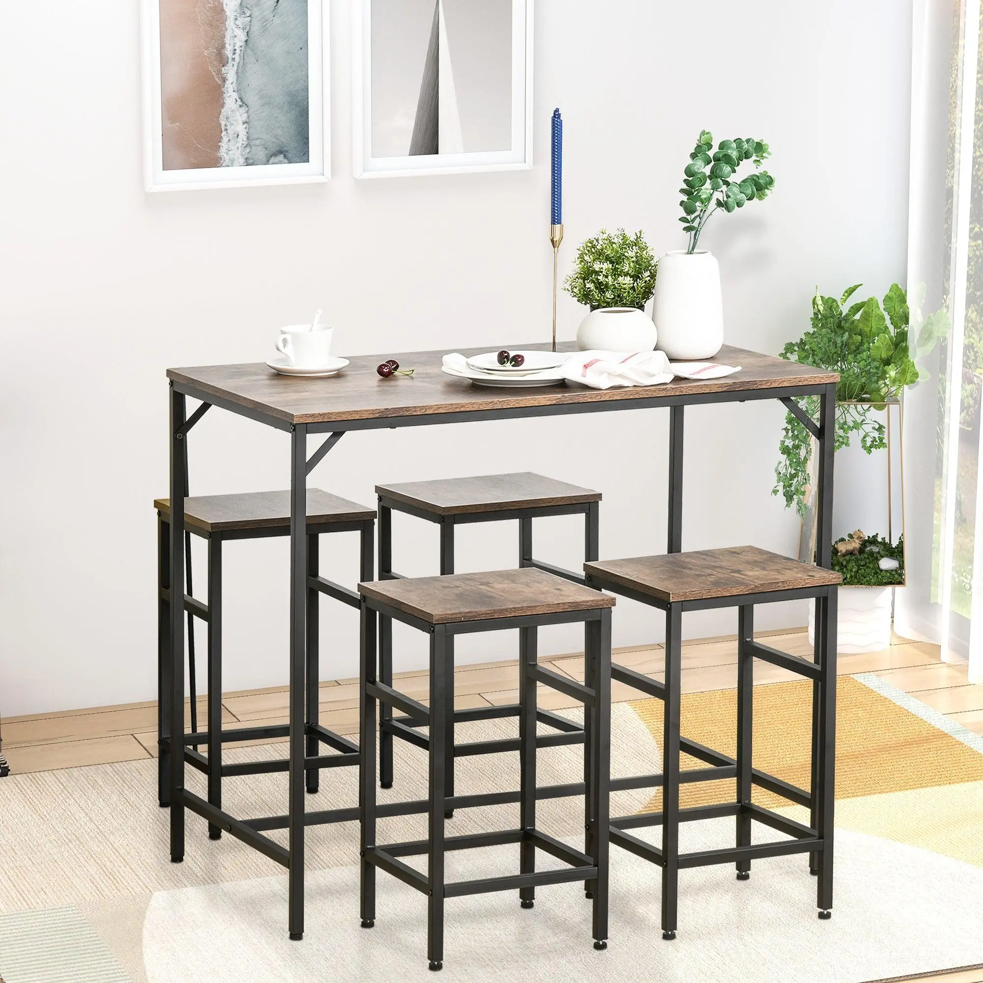 5-Piece Industrial Dining Room Furniture Set - Space-Saving Rustic Brown/Black Bar Table with 4 Stools for Indoor Kitchen & Pub Use, Dining Table Set, 12.5" W X 12.5" D X 22.5" H (Stool)