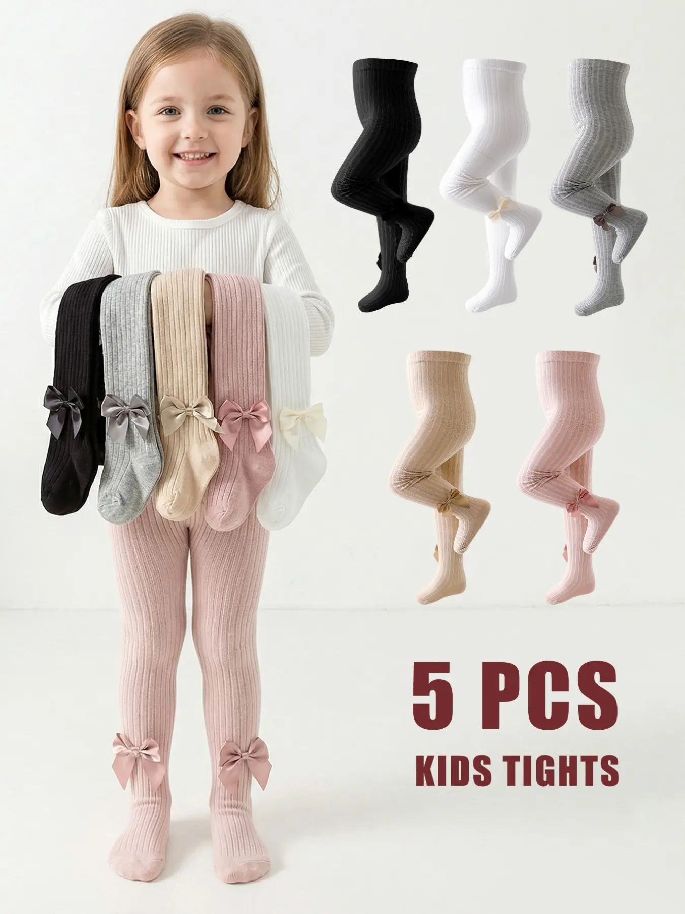 5-Pack Casual Plain Jumpsuits, Cute Bowknot Decor, Princess Style, Suitable for Toddler Girls' Daily Wear, Spring & Fall Fashion