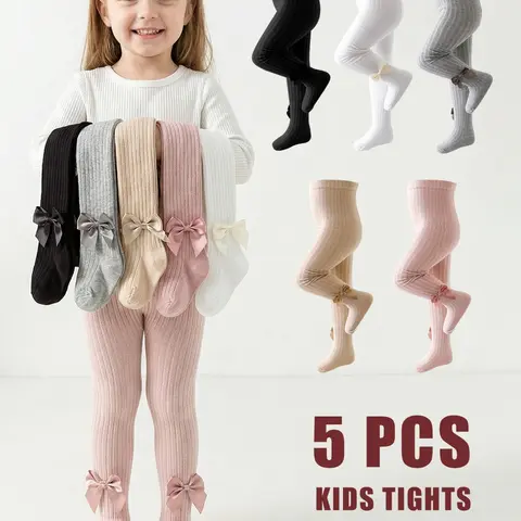 Toddler Girls' 5-Pack Casual Plain Bow Detail Tights, Cute Bowknot Decor, Princess Style, Suitable for Daily Wear, Fashion Leggings for Spring & Fall