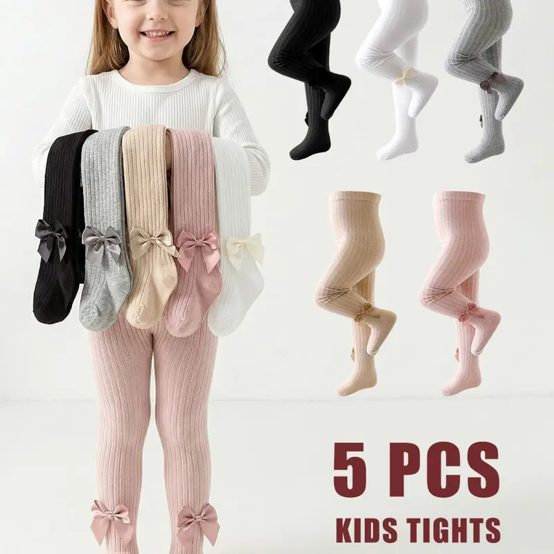 Toddler Girls' 5-Pack Casual Plain Bow Detail Tights, Cute Bowknot Decor, Princess Style, Suitable for Daily Wear, Fashion Leggings for Spring & Fall