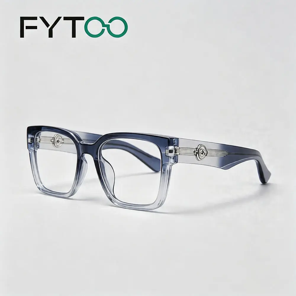FYTOO Gradient Blue Clear Chunky Square Anti Blue Light Acetate Glasses, Thick Rectangle Statement Eyeglasses