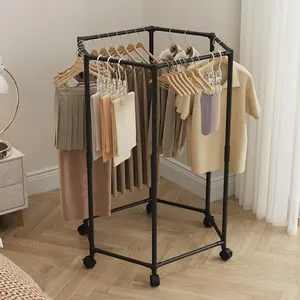 Clothes Rack with Wheels, Hexagonal Rolling Clothing Rack for Hanging Clothes, Garment Storage for Bedroom, Laundry, Balcon（74.5*35*120）