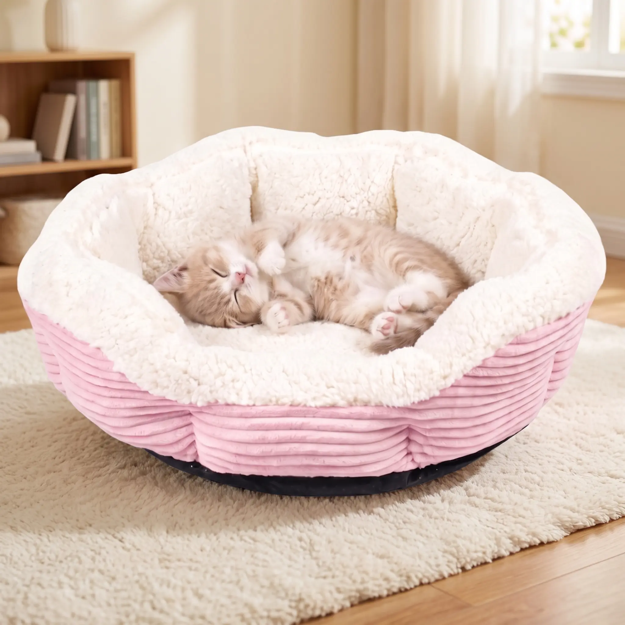 Donut Self-Heating Pet Bed for Cats & Dogs, No-Electricity Round Self Warming Mat with Reflective Foil Layer, Machine Washable & Non-Slip Bottom, Soft Imitation Lamb Wool, Durable Corduroy Base, Cozy Warm Calming Cushion for Small/Medium Pets