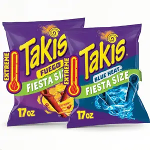Bundle of Takis Fuego + Blue Heat (17 oz) Fiesta Size Bag, Hot Chili Pepper Flavored Extreme Spicy Rolled Tortilla Chips