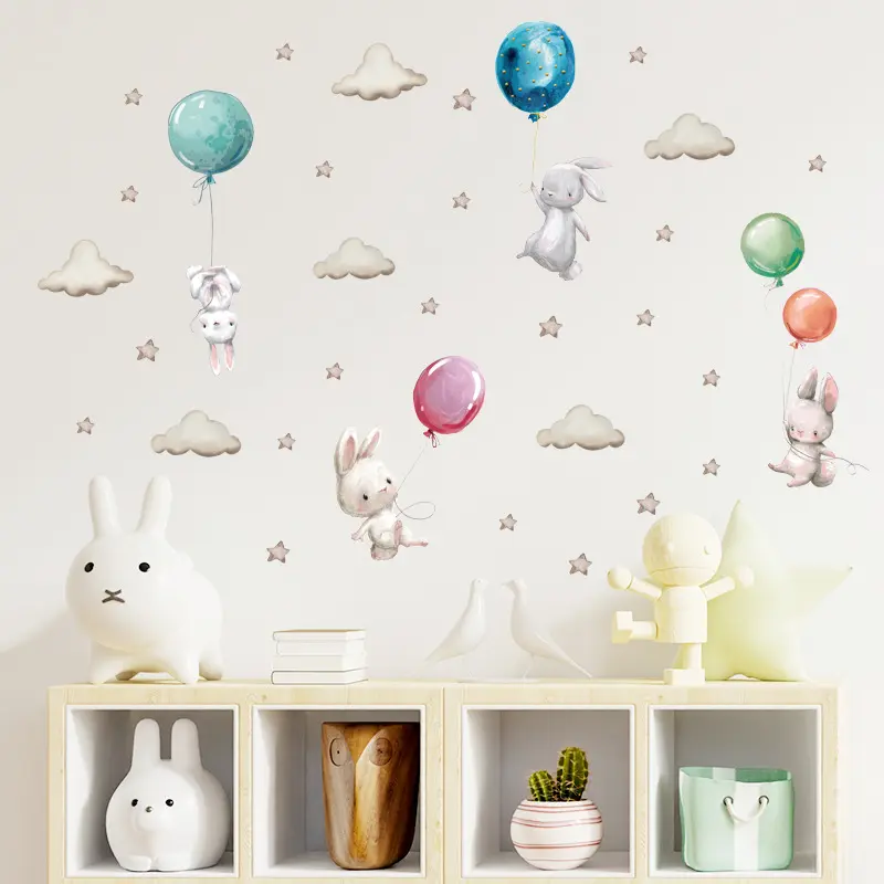 Flying Bunny Wall Stickers, 1 Sheet Peel and Stick Removable Wall Decors, Animal Pattern Wall Decorative Stickers for Daycare, Kid's Room, Nursery, Baby Room, Bedroom, Playroom