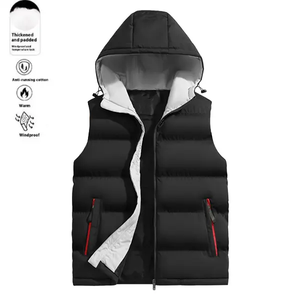 Men's Plain Knit Sleeveless Padded Gilet Jacket - Thick Fleece-Lined, Collared Neck, Stand Collar, Full-Zip, Fitted Cut, Medium Length, Cotton, Outdoor, Gym, Minimalist, 1XL, 2XL, Menswear Knitwear Vest