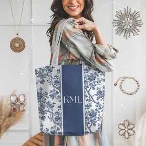 Monogram Blue Toile Tote Bag