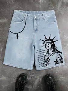 Men's Vintage Statue of Liberty Print Light Wash Denim Shorts, Cross Chain Graphic Y2K Streetwear, Loose Fit Casual Summer Pants
