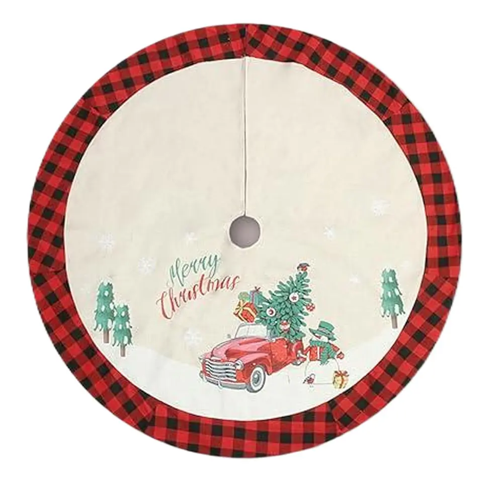 Rustic Farmhouse Christmas Tree Skirt, 48 Inch Double-Layer Burlap Holiday Decoration with Vintage Red Truck and Gingham Plaid Border, Durable Material, Thanksgiving, Decorative, Double-Layered, Round
