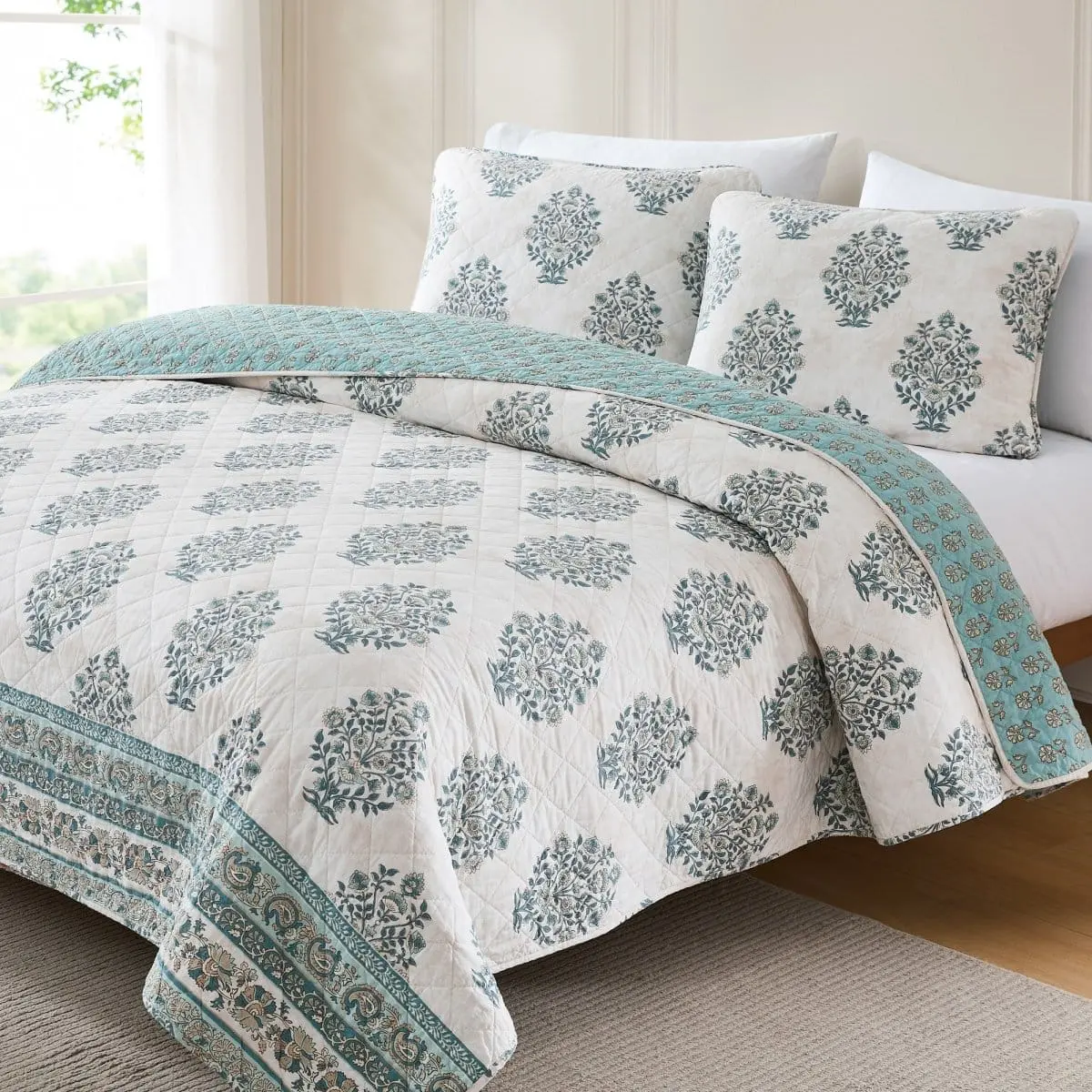 Lush Decor Sofia Flower Block Bouquet Reversible Cotton Quilt 3Pc Set - Boho Vintage Floral Bedding OEKO-TEX Certified Machine Washable