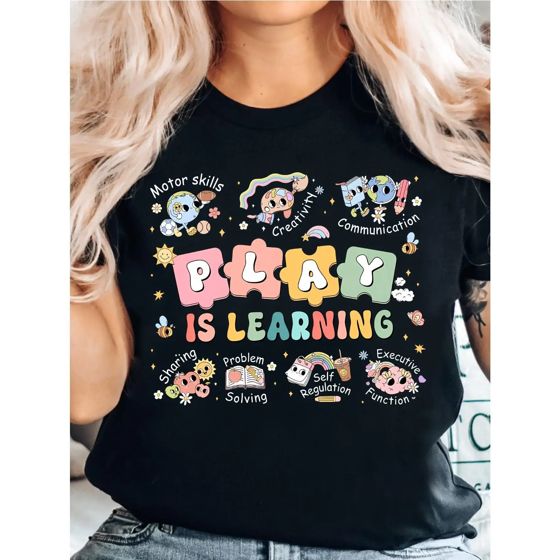 Play Is Learning" Graphic Tee for Women - Soft & Comfortable Casual T-Shirt with Colorful Educational Design, Perfect for Teacher Appreciation Giftsjuly 4th, independent day, 250 anniversary, mother's day, teacher appreciation week,TAW gift