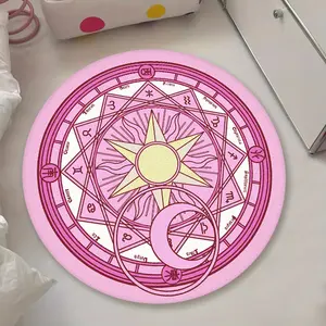 Magic Card Sakura Magic Circle Round Rug, Anime Peripheral Sun Moon Spell Array Zodiac Symbols, Cute Anti-Slip Bedroom Living Room Decor Area Rug Home Decor Rugs