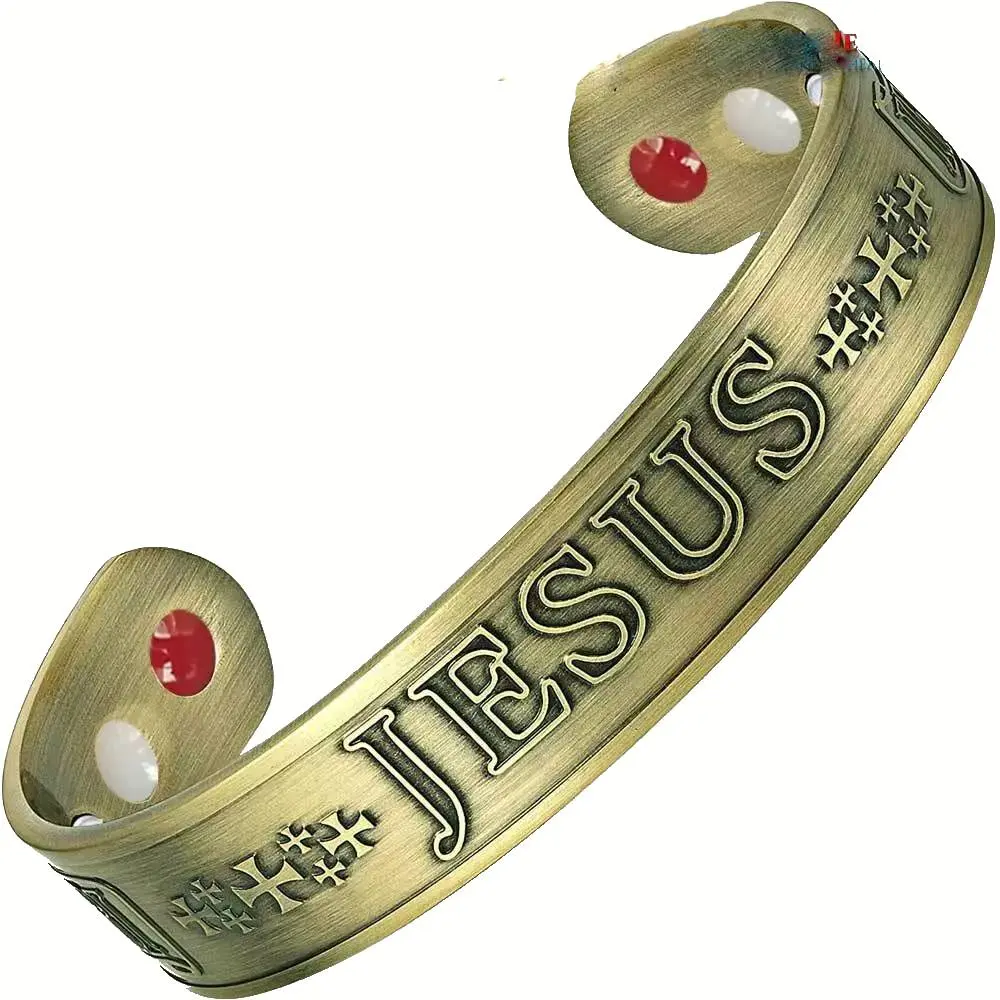 Men's Multi-Color Solid Copper Jesus Bangle & Matching Ring, Fashion Costume Jewelry Accessory, 15Mm, Jesus Emblem, 1.6 Oz, 7.5 Inch Length, Bio Therapy Elements, Jesus Emblems