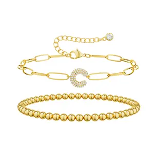 26 Letter Layered Bracelet for Women - Trendy Cubic Zirconia AZ beaded Initial Bubble Letter Bracelet with adjustable paper clip chain Bracelet for women gifts exquisite