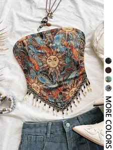 Women's Vacation Knit Print Patchwork Beaded Halter Top，Handkerchief Hem, Beaded Tassel Trim, Double Layer Lining, Breathable Fabric, Vacation Festival Daily Casual Women's Wear, Boho Hippie Style