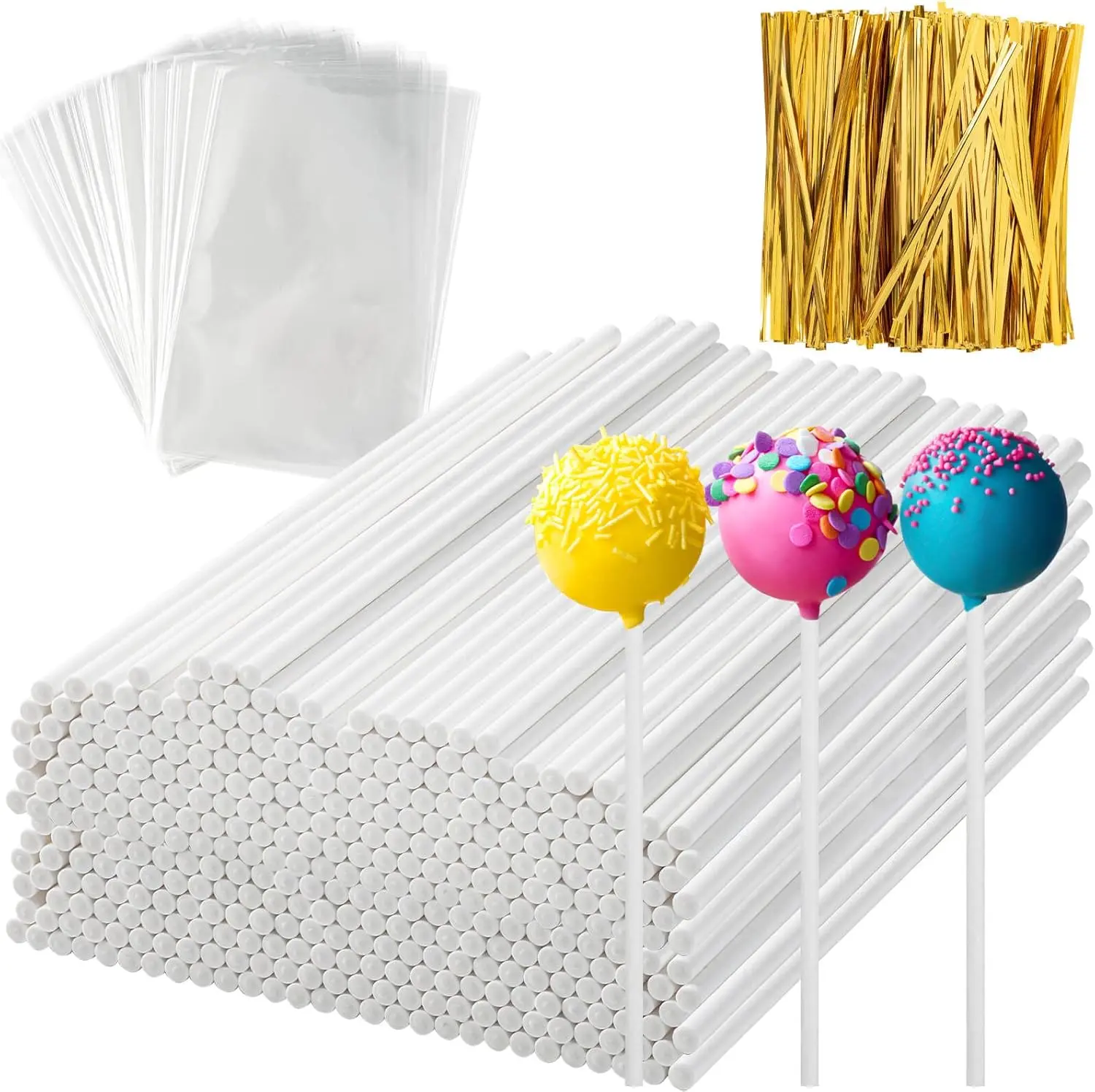 600Pcs Lollipop Stick, 6IN Cake Pop Sticks with Clear Treat Bags & Gold Twist Ties, Cake Pops Making Tools for Lollipops, Candies, Bakeware Set