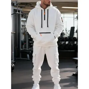 Men's Two-Piece Casual Sports Set, Half-Zip Hoodie with Cargo Pants, Fleece Lined Warm Sportswear for Gym, Exercise, Daily Wear