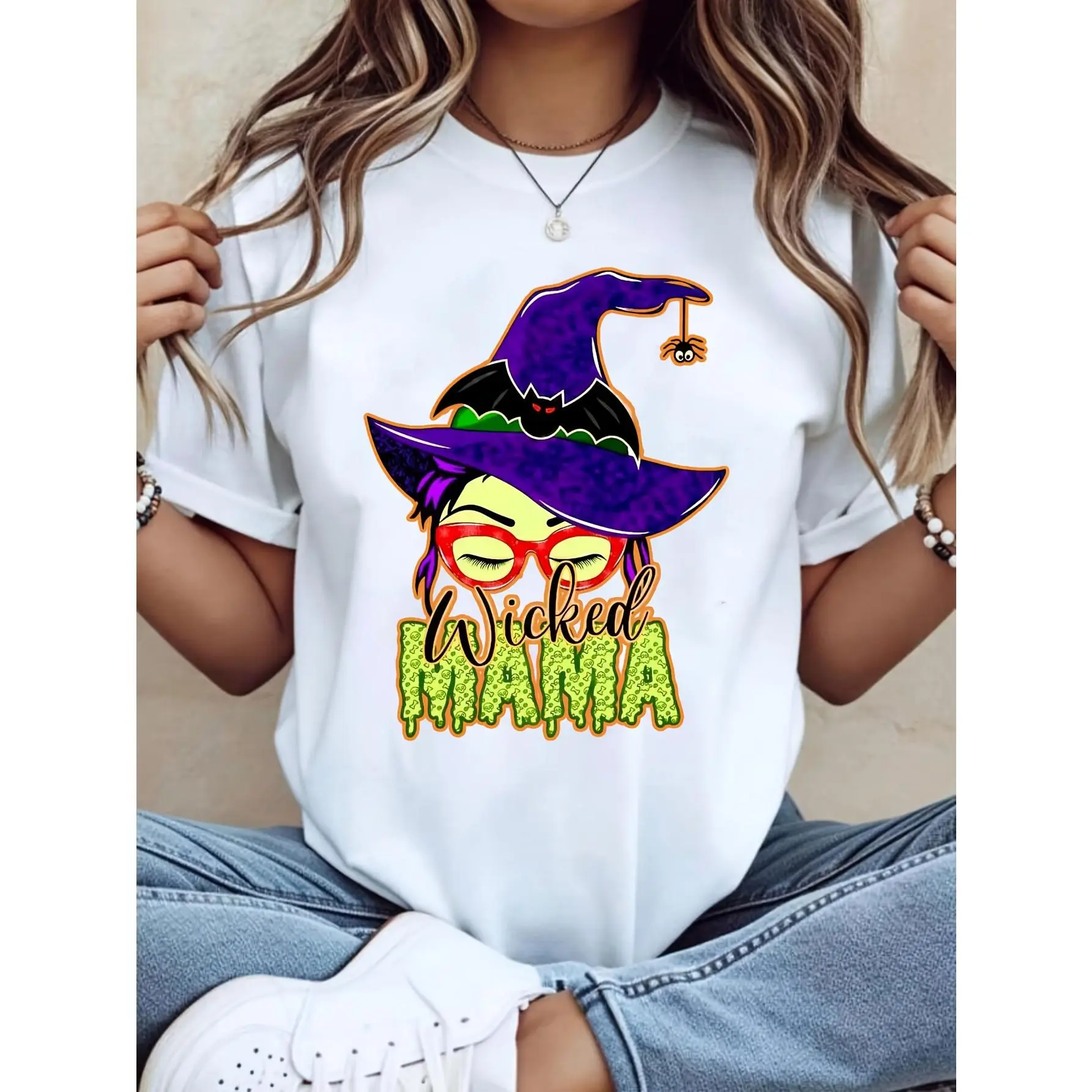 Women's Oversized Breathable Essential Fabric Wicked Mama Witch Graphic Casual Halloween Autumn Festival T-Shirt - Gift for Mom, Gym Wear