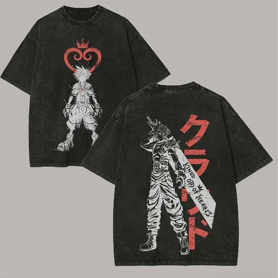 Kingdom Hearts Final Fantasy VII Sora Cloud Strife Graphic T-Shirt - Menswear Vintage Washed Heavyweight Soft Cotton Classic Loose Oversized Short-Sleeve JRPG Merch Unisex Japanese Streetwear Y2K Retro Summer Gift TikTok Top Apparel, Shortsleeve, Tshirt