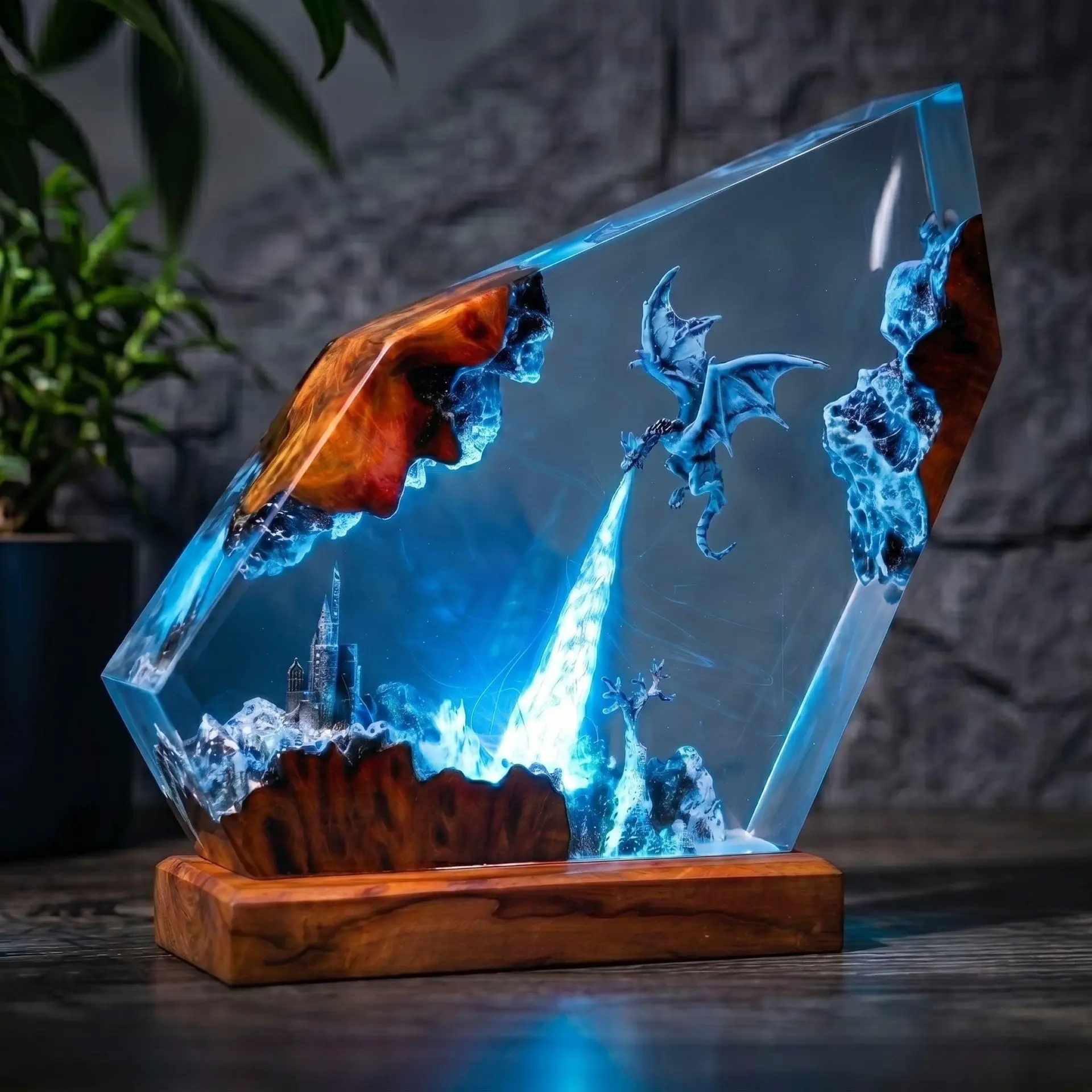 Handmade Ice Dragon Resin Night Light Frozen Dragon Breathing Ice Beam Wood Resin Art Lamp Dark Fantasy Table Ambient Lighting, Aesthetic Bedroom Gaming Room Decor, Ideal Surprise Gift For Fantasy Creature Lovers, Art Collectible Lamp