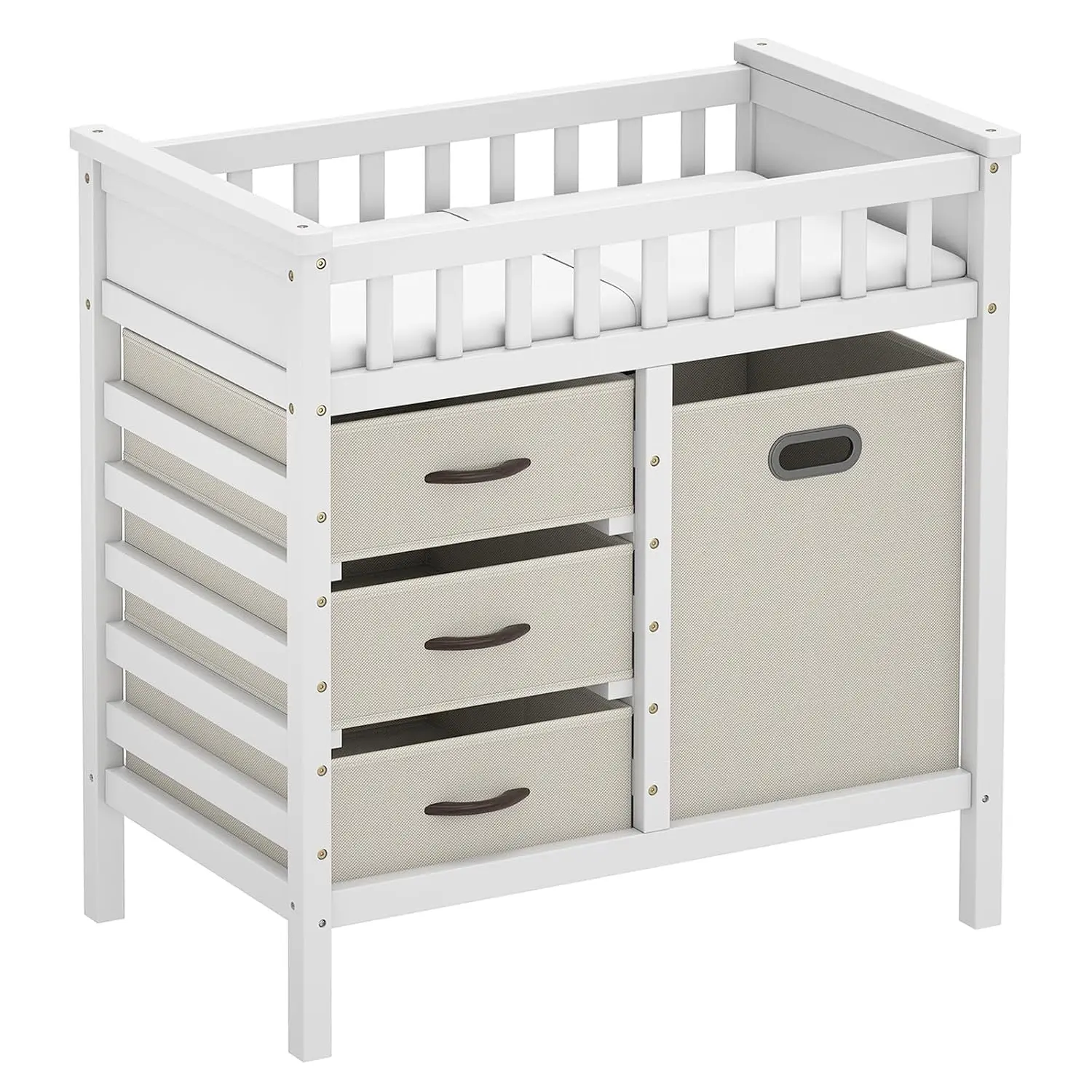 Costzon  Wooden Baby Changing Table, Diaper Changing Station with 3 Storage Drawers, Laundry Hamper, Waterproof Changing Pad & Safety Belt, Modern Nursery Furniture for Daycare Bedroom Gift Season BlackFriday Friends Giving