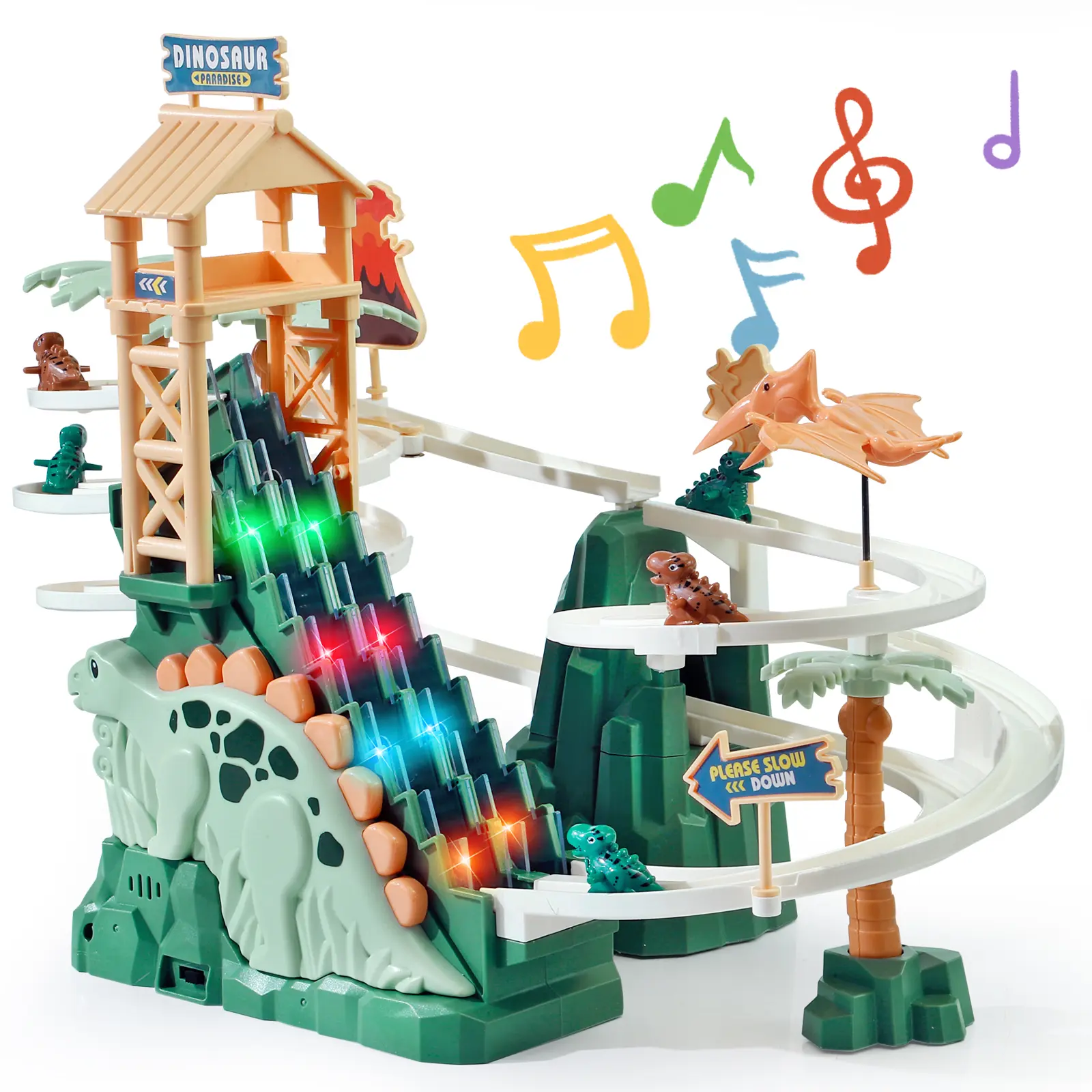Dinosaur Chasing Race Track with Double Loop, 5 Mini Dinosaur Cars, Climbing Slide Toy with Lights & Music, Fun Stair Climbing Toy for Kids