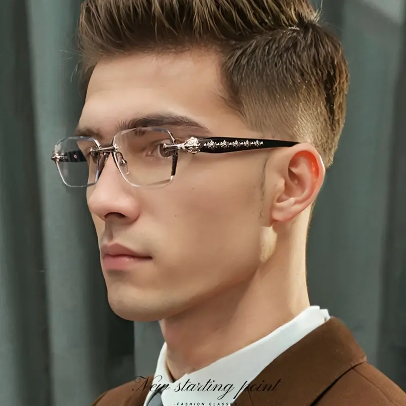 2025 New Style |     Unframed Rimless Glasses for Men - Elegant Round Frame with Decorative Engraving, High-Definition Clear Lenses, Perfect for Business & Casual Attire, Stylish Accessory |   Decorative Engraving |   Rimless Glasses, Without Battery