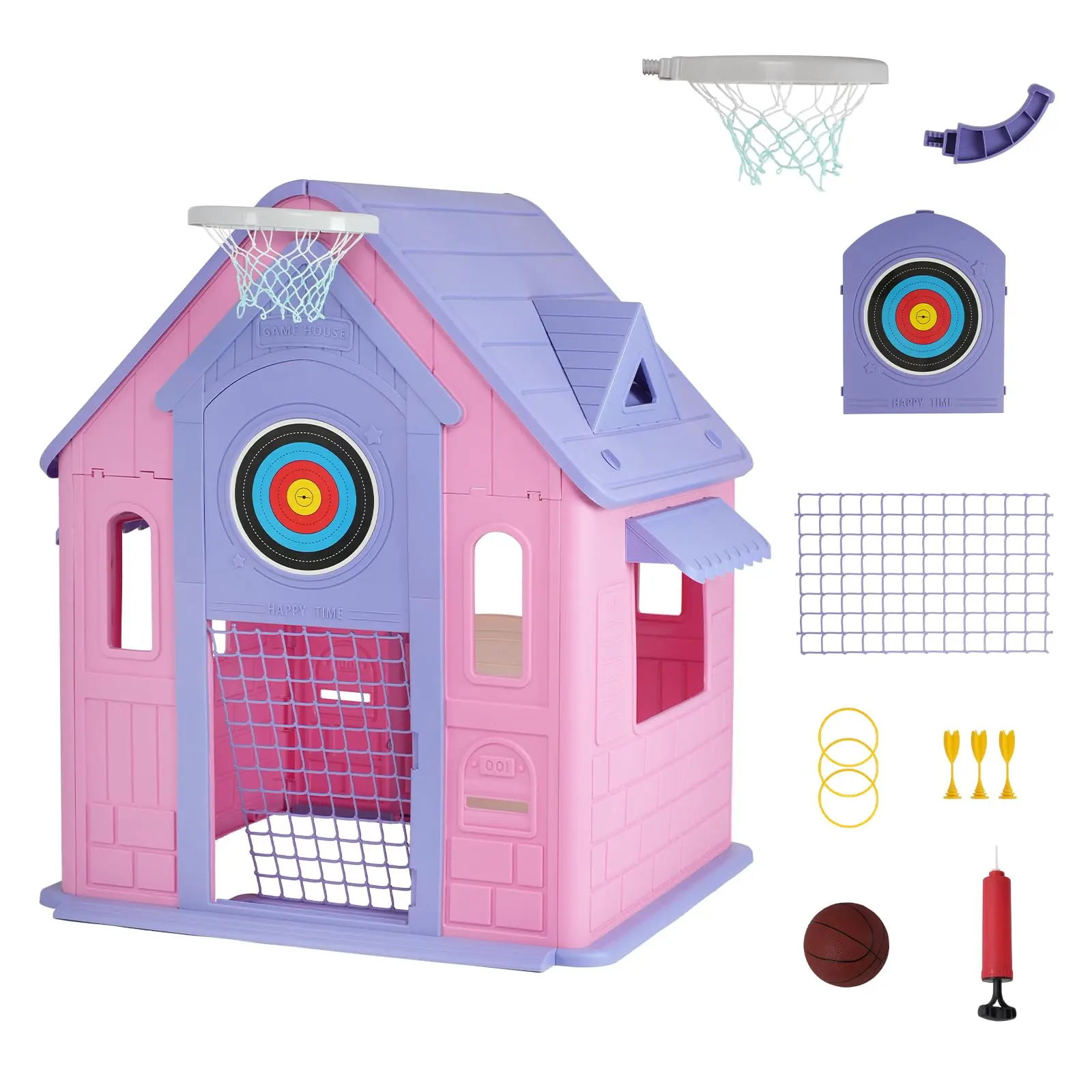 Kids Playhouse Cottage, 4‑in‑1 Activity Center with Magnetic Dartboard, Basketball Hoop, Soccer Goal & Ring Toss – Spacious Indoor/Outdoor Game House for Toddlers