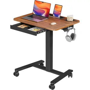 Mobile Standing Desk with Drawer, 28" Rolling Desk with Cup Holder and Hooks, Portable Laptop Workstation on Wheels, Height Adjustable Cart with Storage for  Office, Dark