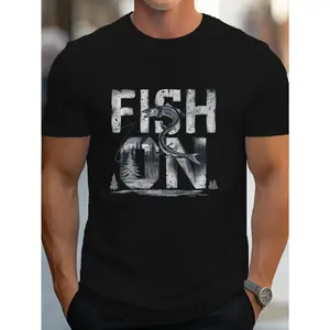 Men's Ultra-Soft "Fish On" Fishing Graphic T-Shirt - 100% Cotton Comfortable Breathable Crew Neck Short Sleeve, Summer Casual Versatile Top For Fishing Enthusiasts & Outdoor Lovers